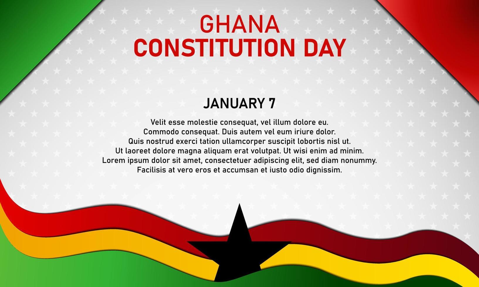 modello di sfondo del giorno della costituzione del ghana. 7 gennaio con la bandiera e l'icona a forma di stella. copia dell'area dello spazio. su gradiente di colore rosso, giallo e verde. design vettoriale di illustrazione premium e di lusso