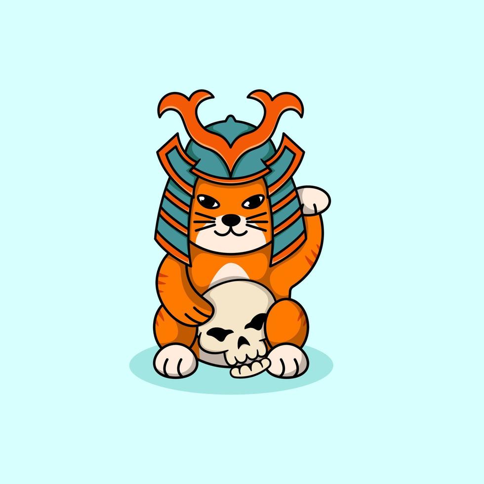 simpatico gatto samurai che tiene l'illustrazione della testa del cranio vettore
