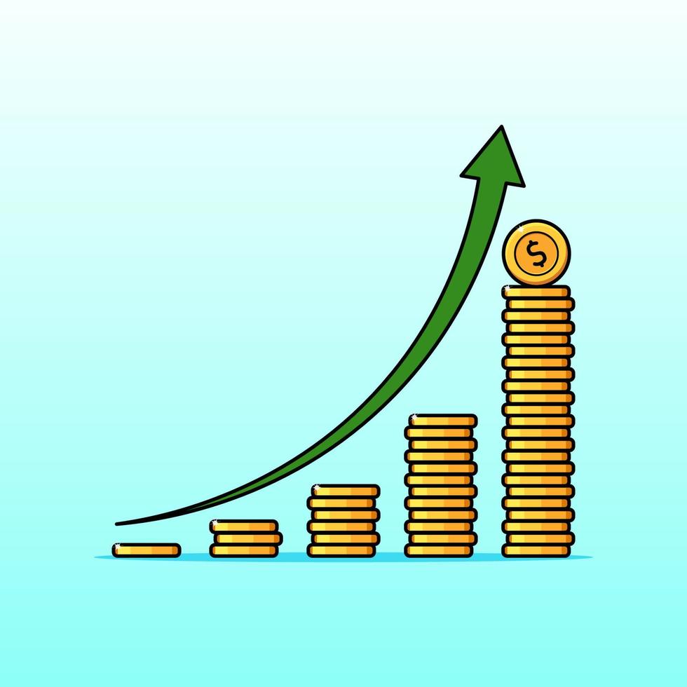 freccia del grafico di crescita delle finanze con l'illustrazione delle monete d'oro vettore