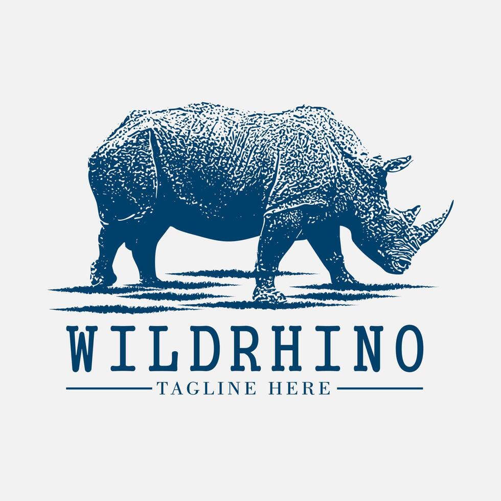 selvaggio rinoceronte vintage logo design, animale, illustrazione, grafico, natura, vettore, simbolo, fauna selvatica, icona, rinoceronte, segno, arte, safari, isolato, Africa, mammifero, corno, silhouette, zoo, retrò, africano vettore