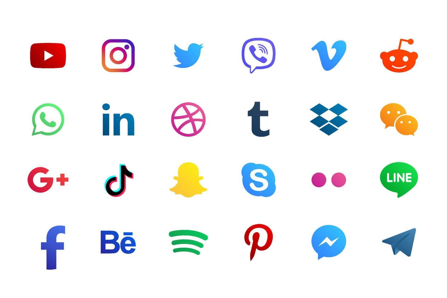 imposta le icone dei social media popolari. facebook, instagram, twitter, youtube, pinterest, behance, google plus, linkedin, whatsapp, snapchat, tiktok, tumblr, spotify, dropbox e molti altri vettore