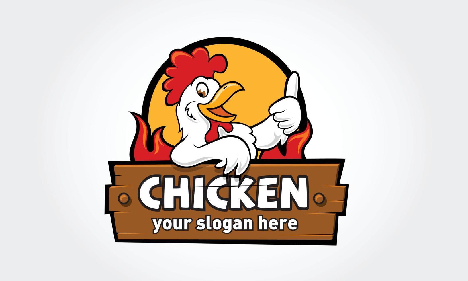 personaggio dei cartoni animati di pollo logo. un pollo gallo divertente cartone animato che dà un pollice in su. illustrazione del logo vettoriale. vettore