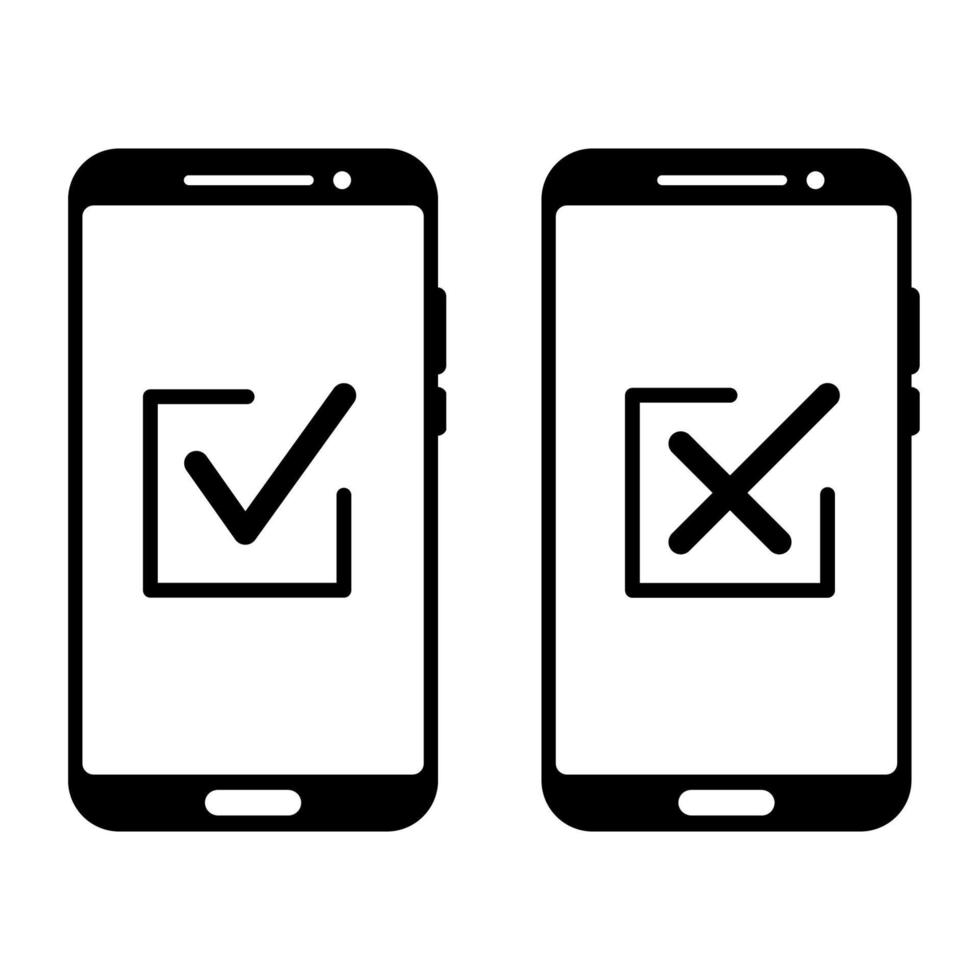 icone del segno di spunta. simboli di approvazione e rifiuto sullo schermo del telefono cellulare. pagamento mobile. vettore