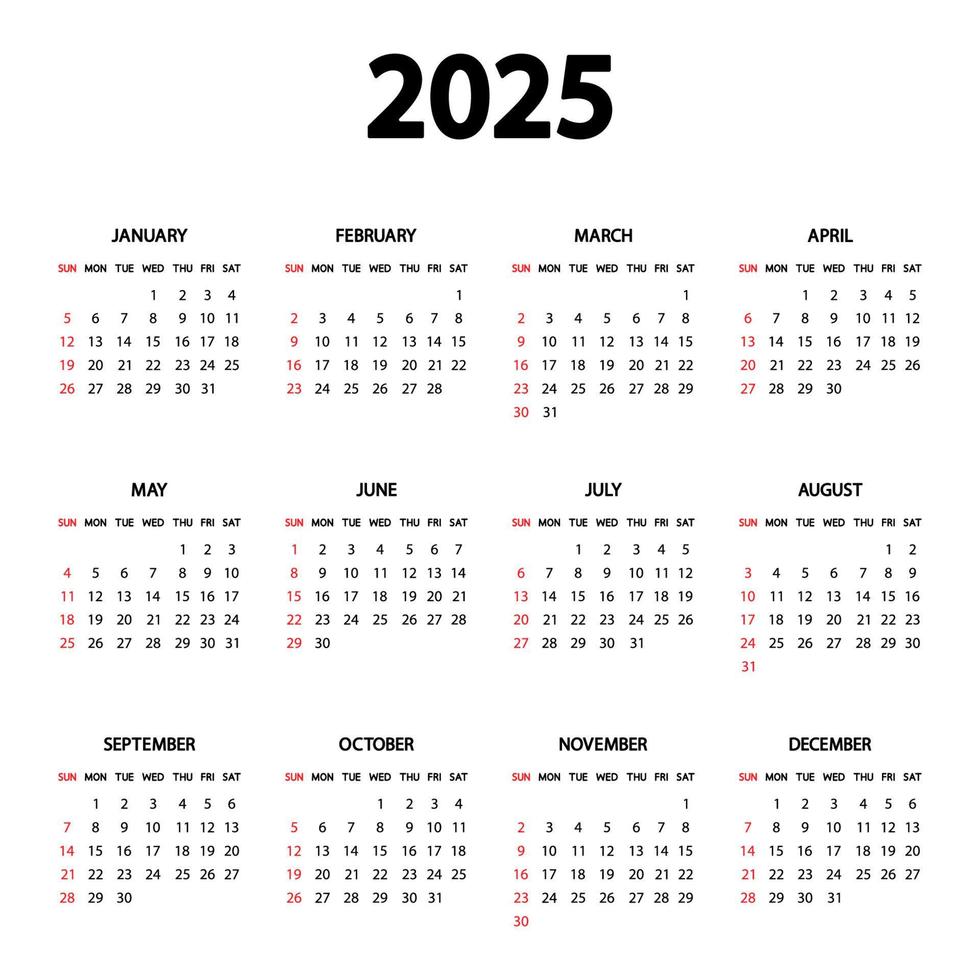 calendario 2025 anno. la settimana inizia domenica. modello di calendario inglese annuale 2025. modello verticale di cancelleria dal design semplice e minimale. Orientamento verticale vettore