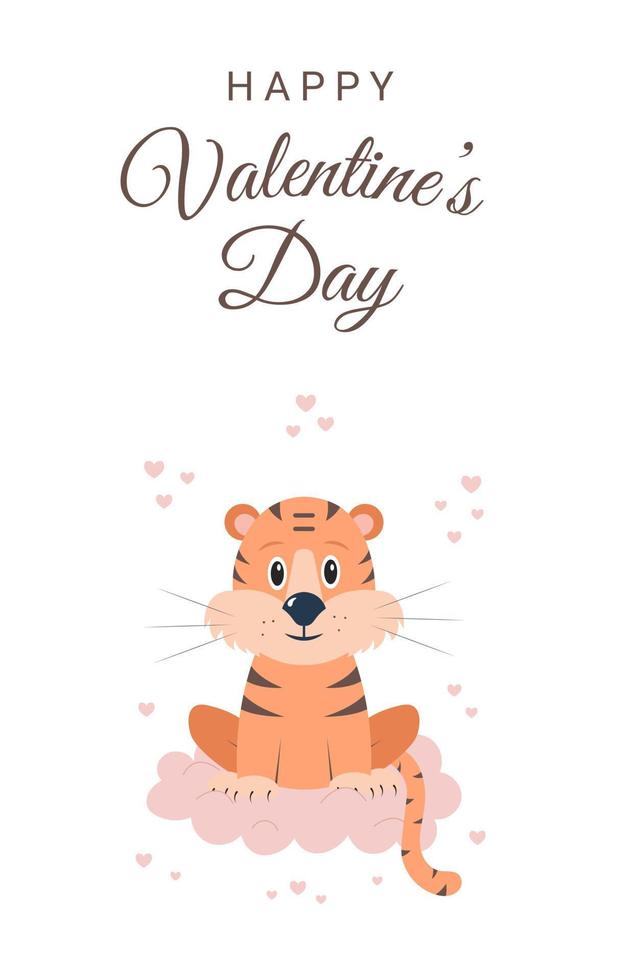 biglietto di auguri di buon San Valentino con tigre carina, nuvola, cuori e testo. illustrazione di cartone vettoriale in stile piatto.