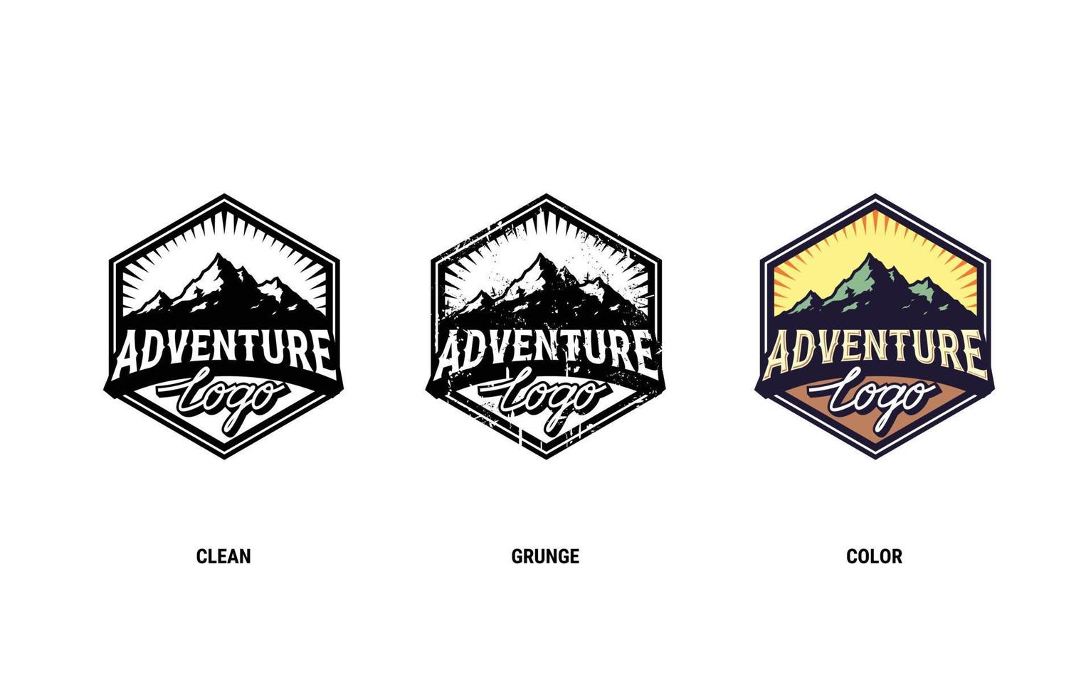modello di logo di avventura esagonale pulito, grunge e colorato vettore