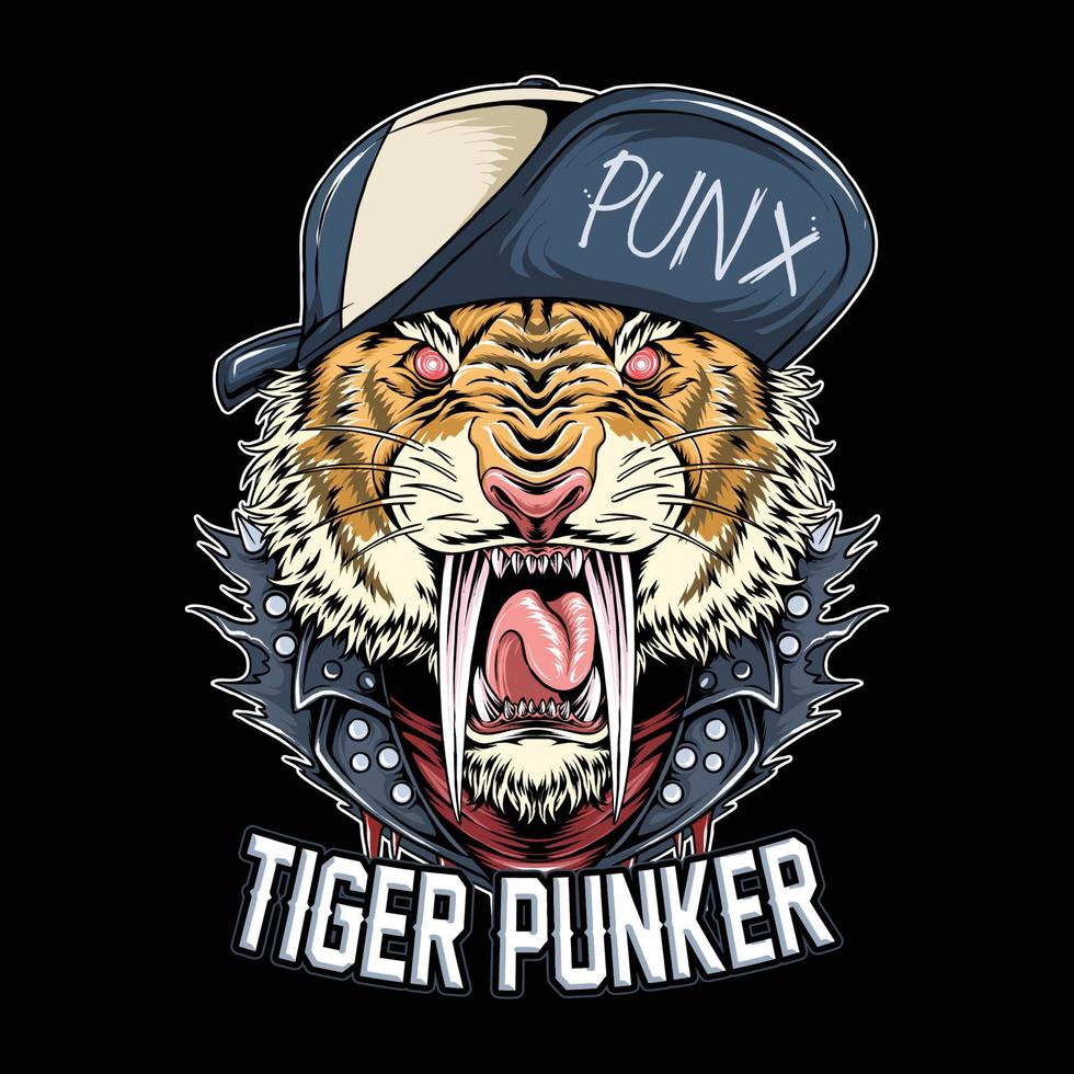 tigre vestire punker che indossa giacca di pelle e cappello come punk vettore