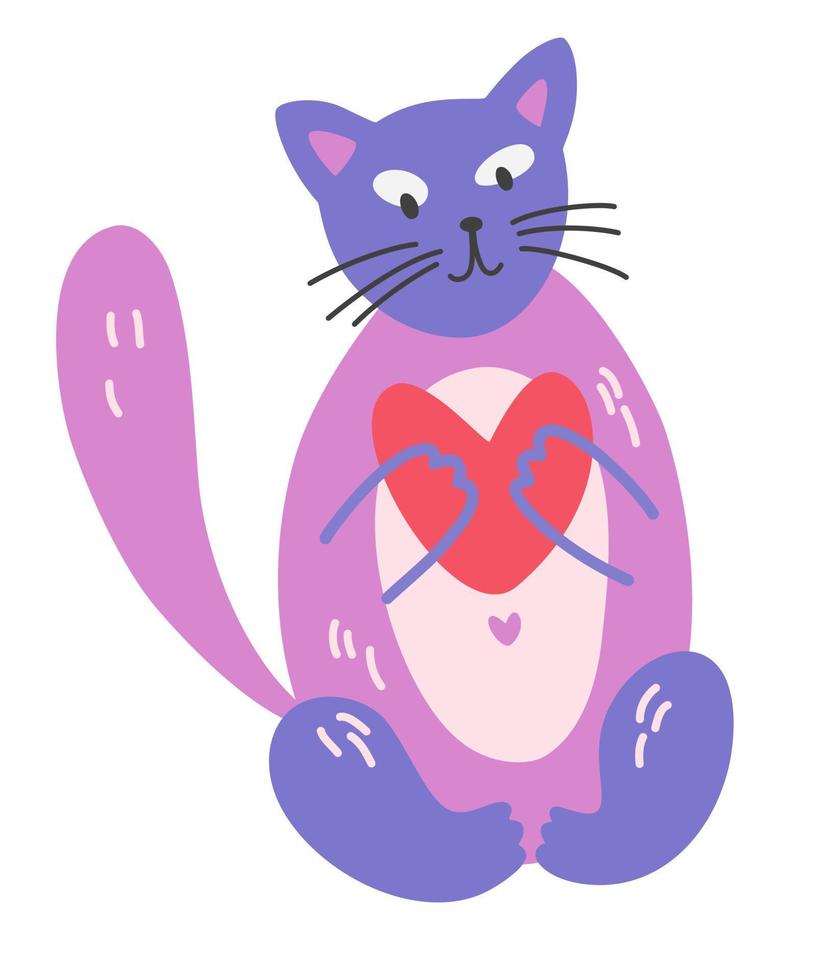simpatico gatto tiene un cuore. gatto divertente che tiene un cuore nelle sue zampe. per cartoline, stampe, compleanni e San Valentino. illustrazione del fumetto di vettore