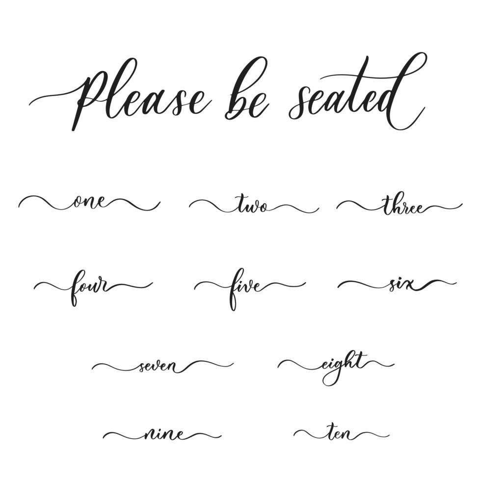 per favore sii seduto - iscrizione calligrafica moderna disegnata a mano per segno di matrimonio con numero. vettore