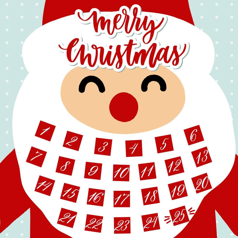 calendario dell'avvento con cartone animato babbo natale e vettore di scritte a mano.