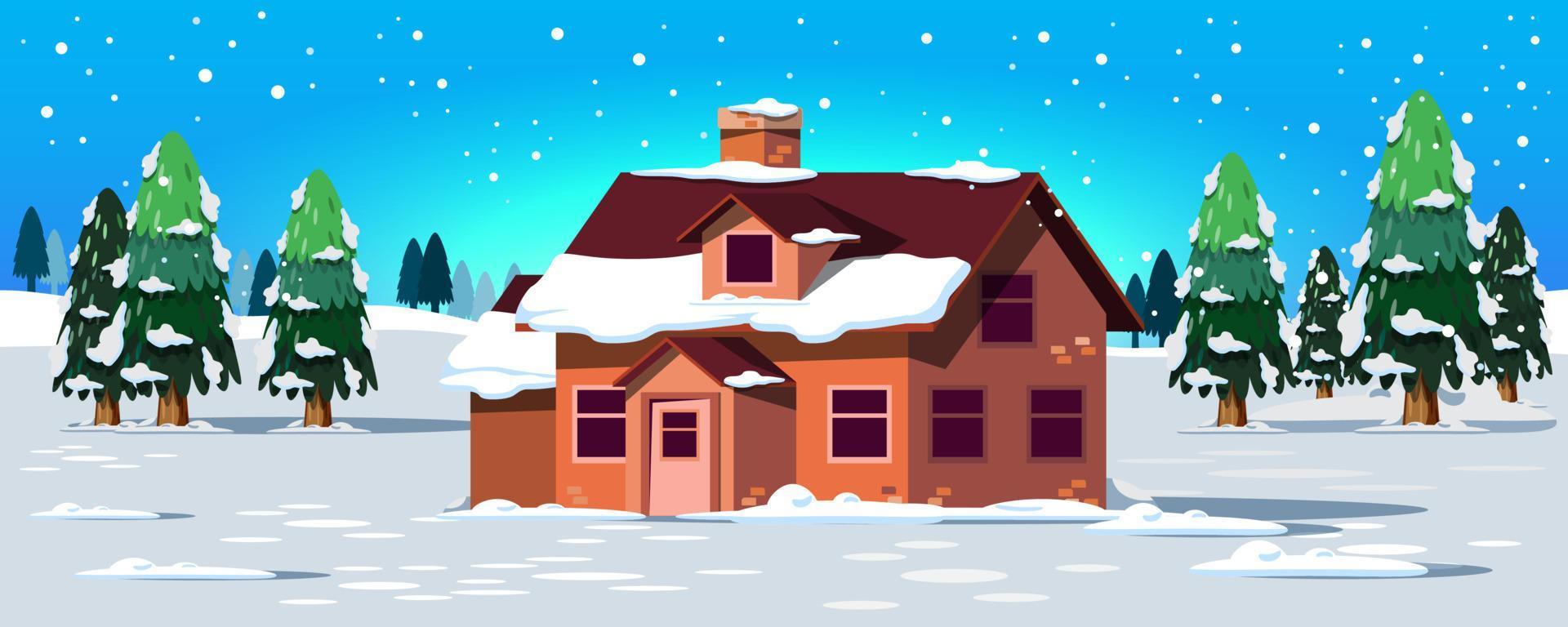 la scena rustica di una casa in una pineta sta nevicando. la neve cade in uno scenario. vettore