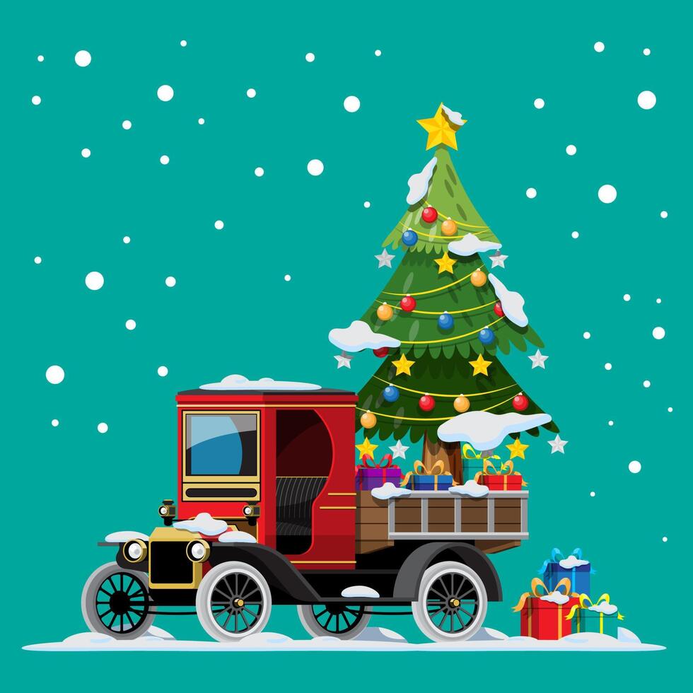 buon natale illustrazione vettoriale retrò camioncino stile vintage con albero di natale.