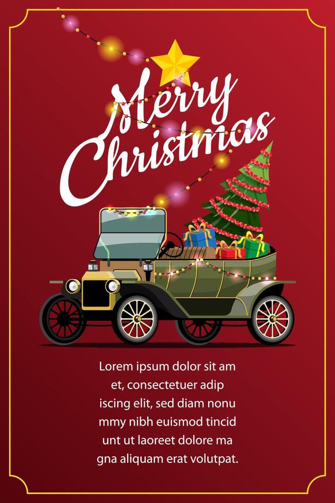 buon natale illustrazione vettoriale retrò camioncino stile vintage con albero di natale.