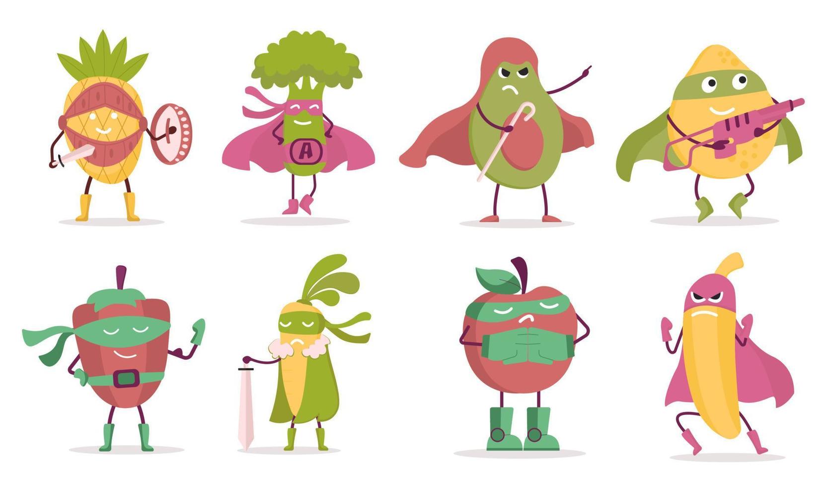 set di frutta e verdura con varie attività nel vettore di personaggi dei cartoni animati