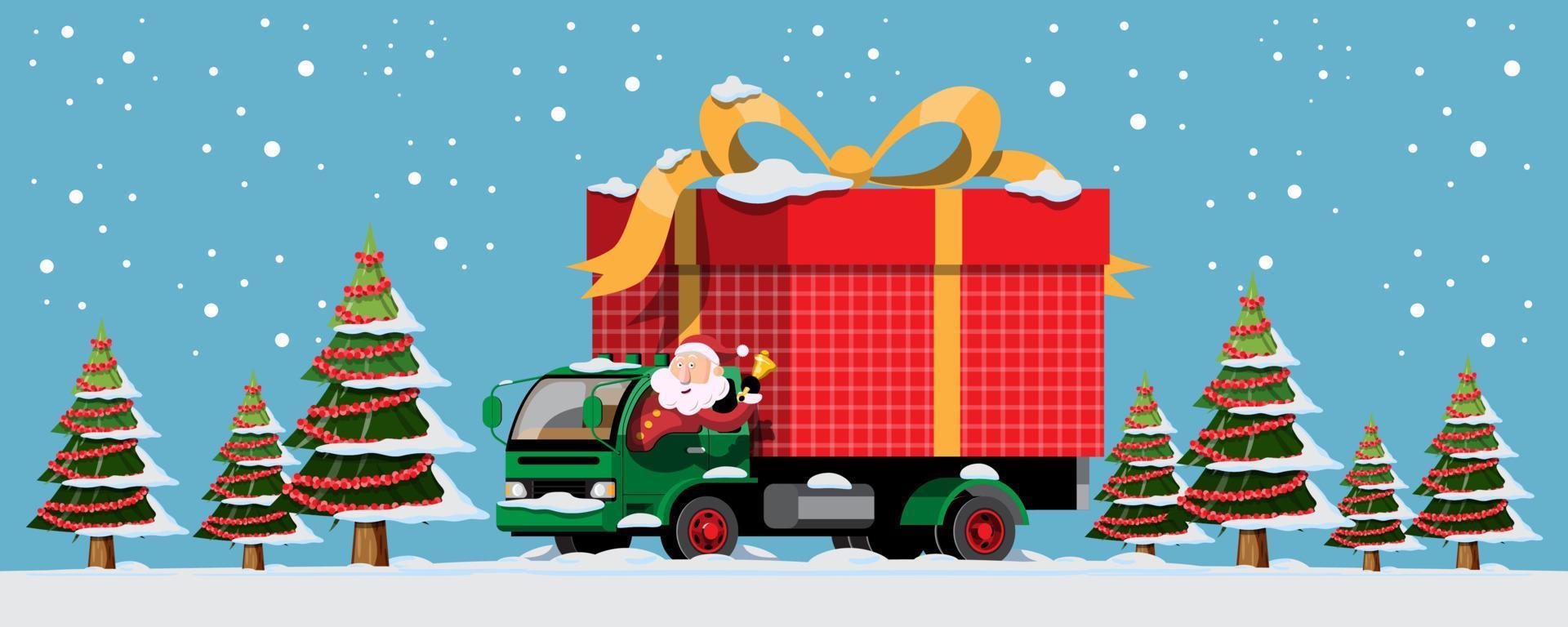Babbo Natale guida un'automobile per consegnare regali di Natale ai bambini di tutto il mondo. vettore