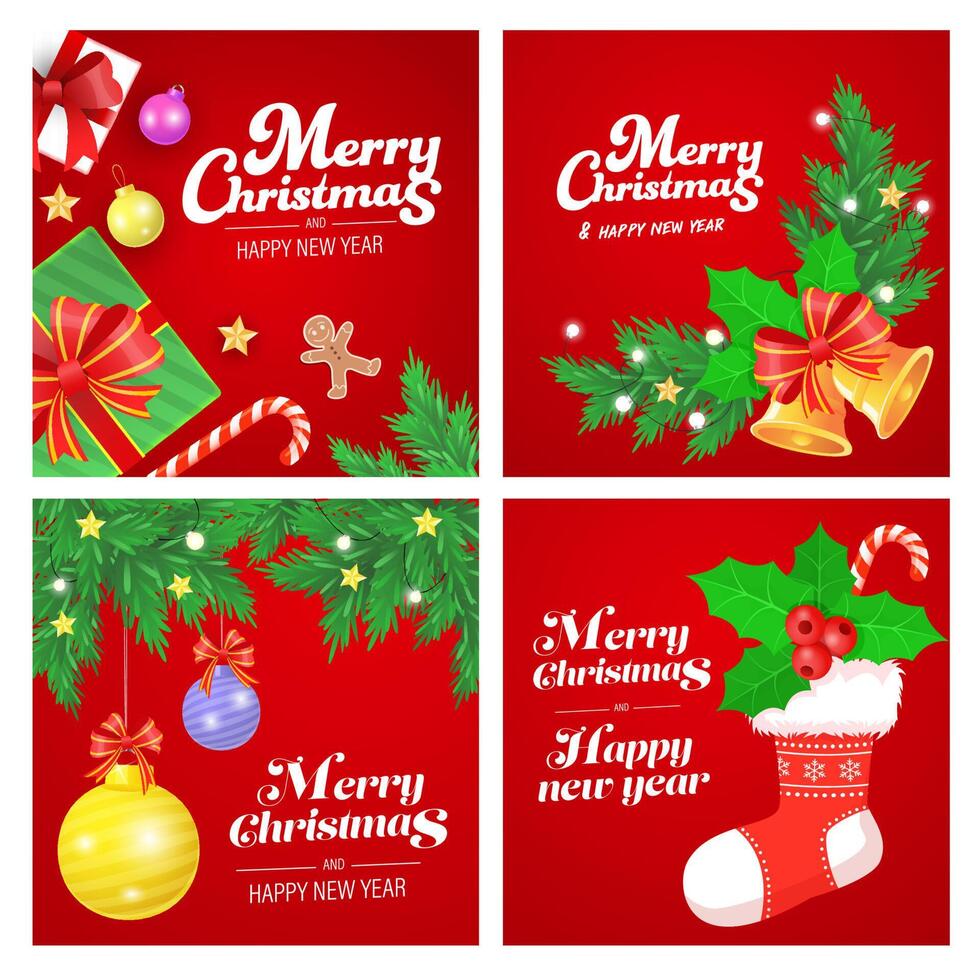 Merry Christmas banner illustrazione vettoriale in stile moderno con confezione regalo, palla e bastoncino di zucchero.