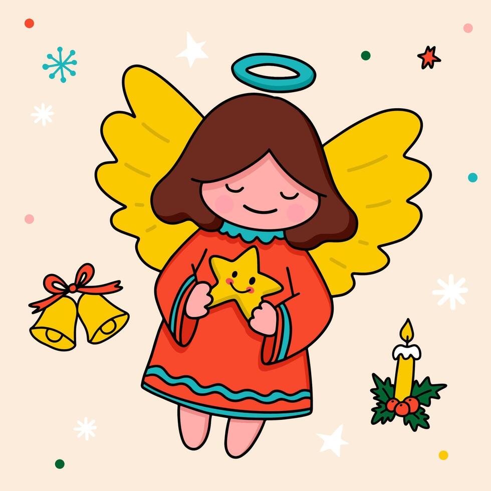 adorabile angelo volante con ornamenti natalizi a stella e fiocco di neve vettore