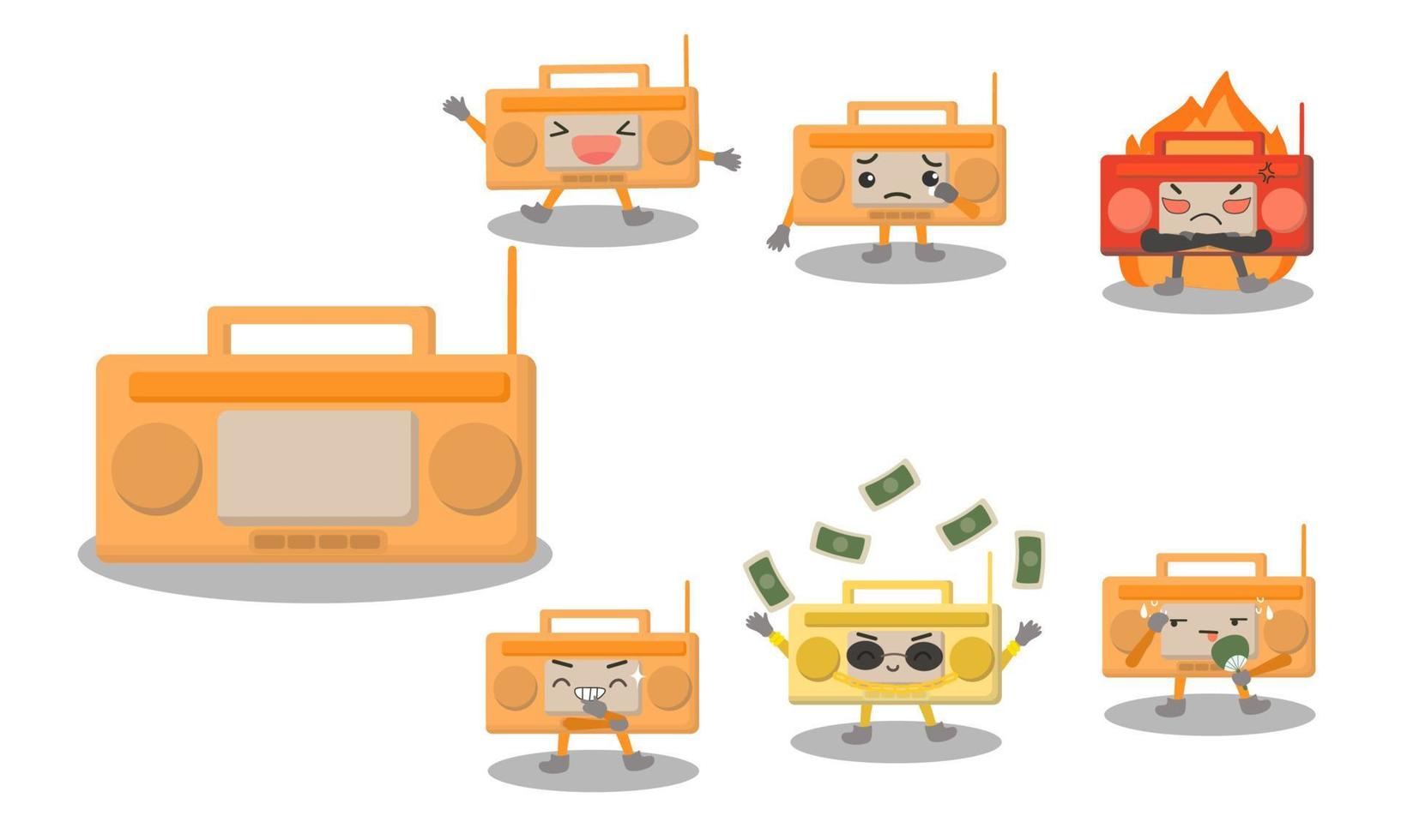 personaggi dei cartoni animati del transistor radiofonico in varie pose ed emotivi come felici, tristi, arrabbiati, ridenti, ricchi, caldi. vettore