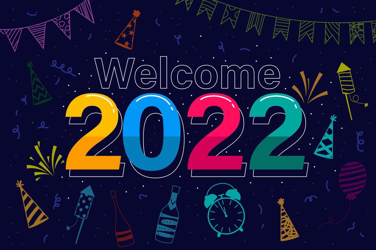 saluto del nuovo anno 2022 cartone animato con lettering illustrazione vettoriale