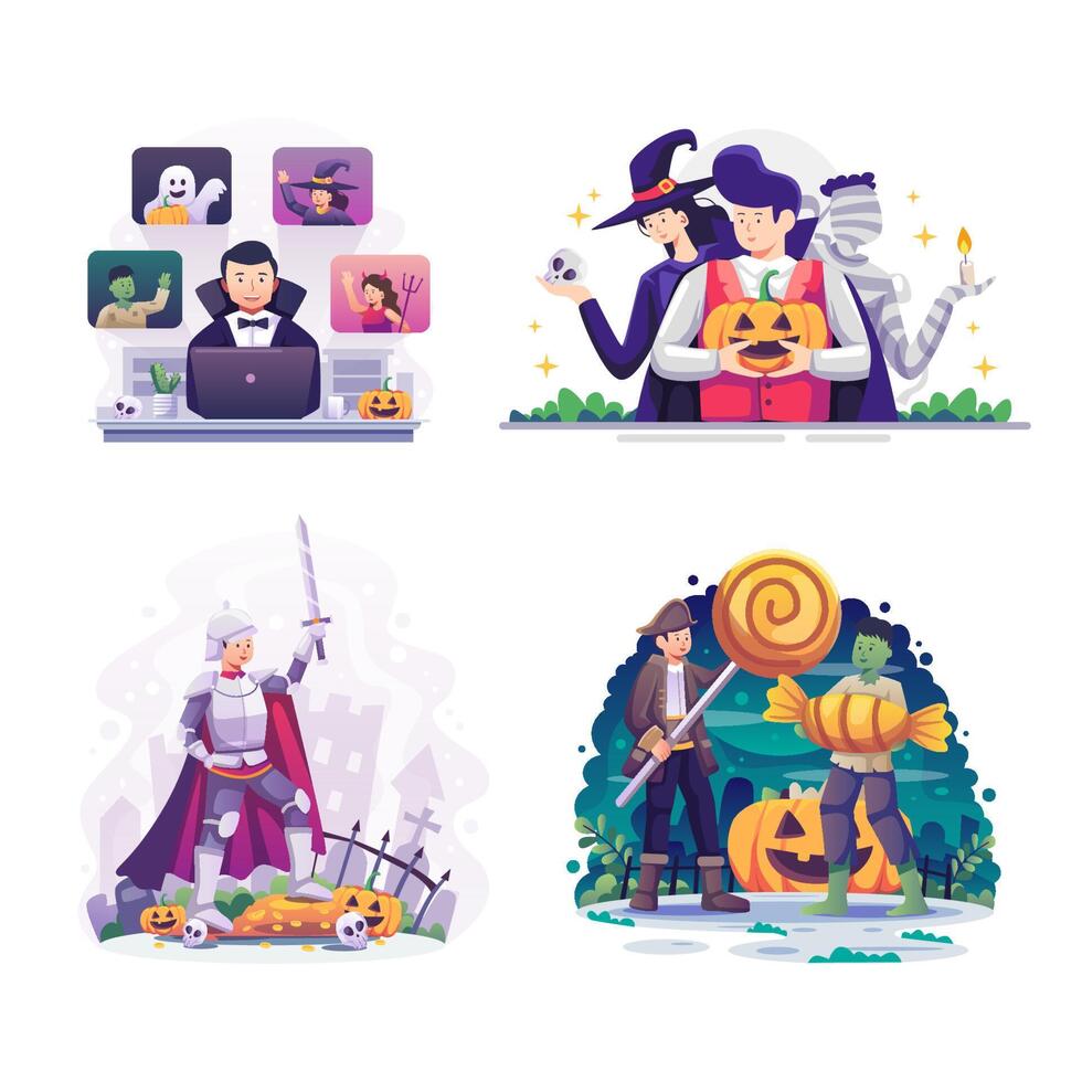 illustrazione vettoriale Halloween decorato in casa e cosplay famiglia divertente.