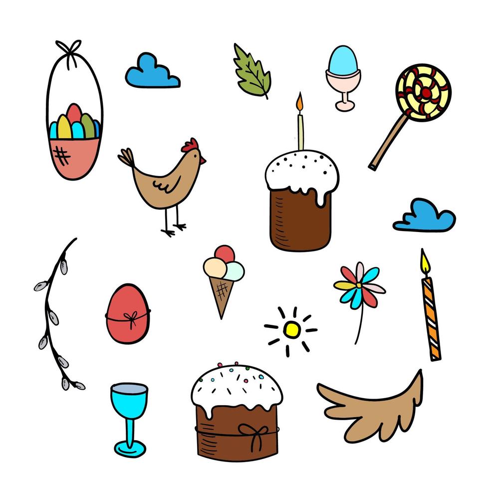scenografia di pasqua del fumetto. isolare di pasqua su sfondo bianco. gelato vettoriale, torta pasquale, cestino con uova, caramelle, lecca-lecca, candela, vettore