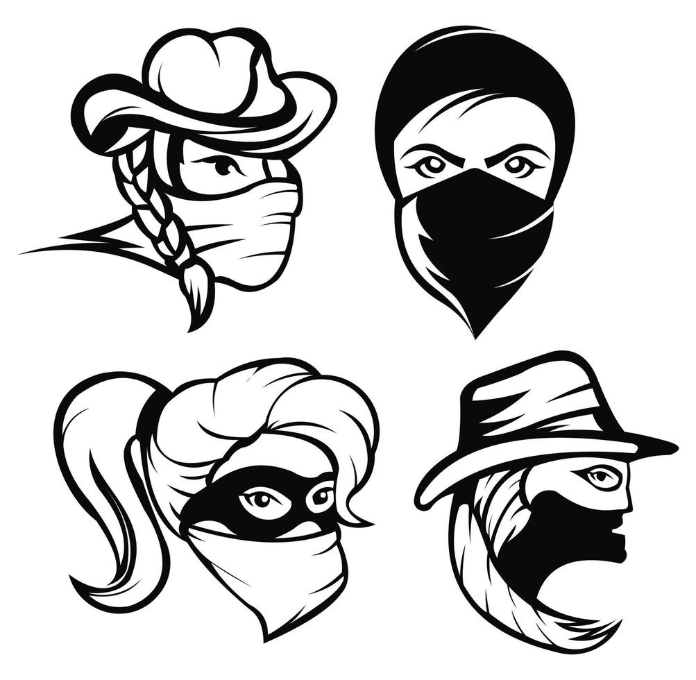 vettore donne bandite, una ragazza bandita con bandana, ragazza bandita che indossa un cappello da cowboy con i capelli lunghi