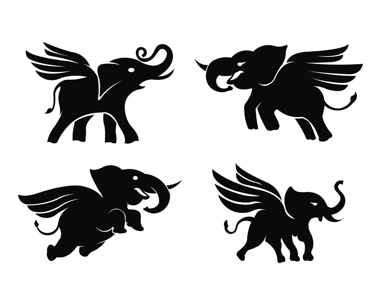 modello di concetto di design del logo di volo dell'elefante, elefante volante, animale fantastico, elefante con le ali isolate. vettore