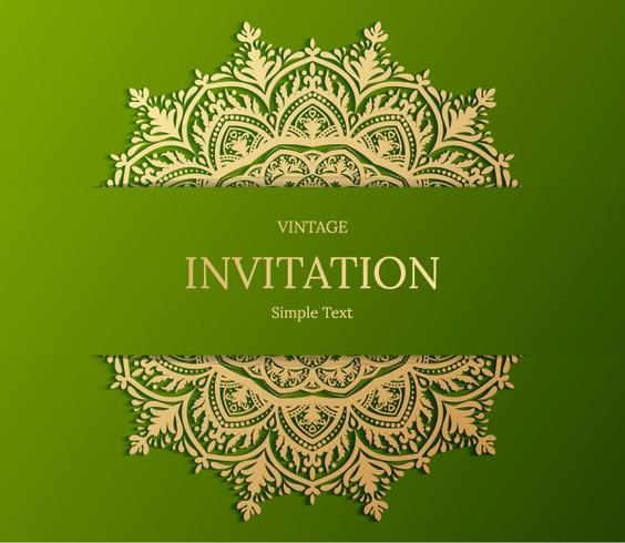 Design elegante della carta Save the Date. Modello di carta di invito floreale vintage. Mandala di lusso turbinio saluto oro e carta verde vettore