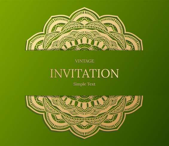 Design elegante della carta Save the Date. Modello di carta di invito floreale vintage. Mandala di lusso turbinio saluto oro e carta verde vettore