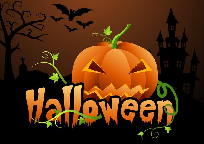 Zucche di Halloween e castello scuro su fondo, illustrazione felice di progettazione del messaggio di Halloween. vettore