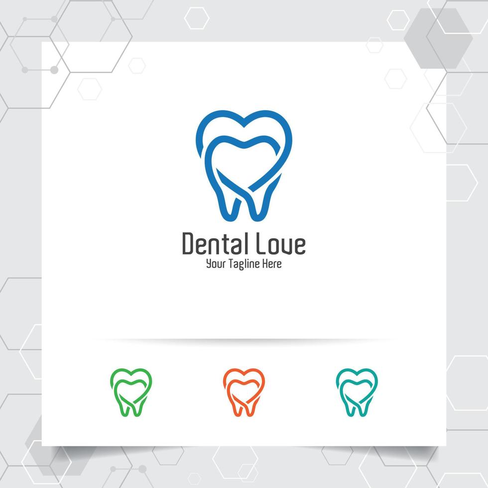 logo dentale dentista disegno vettoriale con il concetto di simbolo di amore del cuore e icona del dente. cure dentistiche per ospedale, medico, clinica e salute.