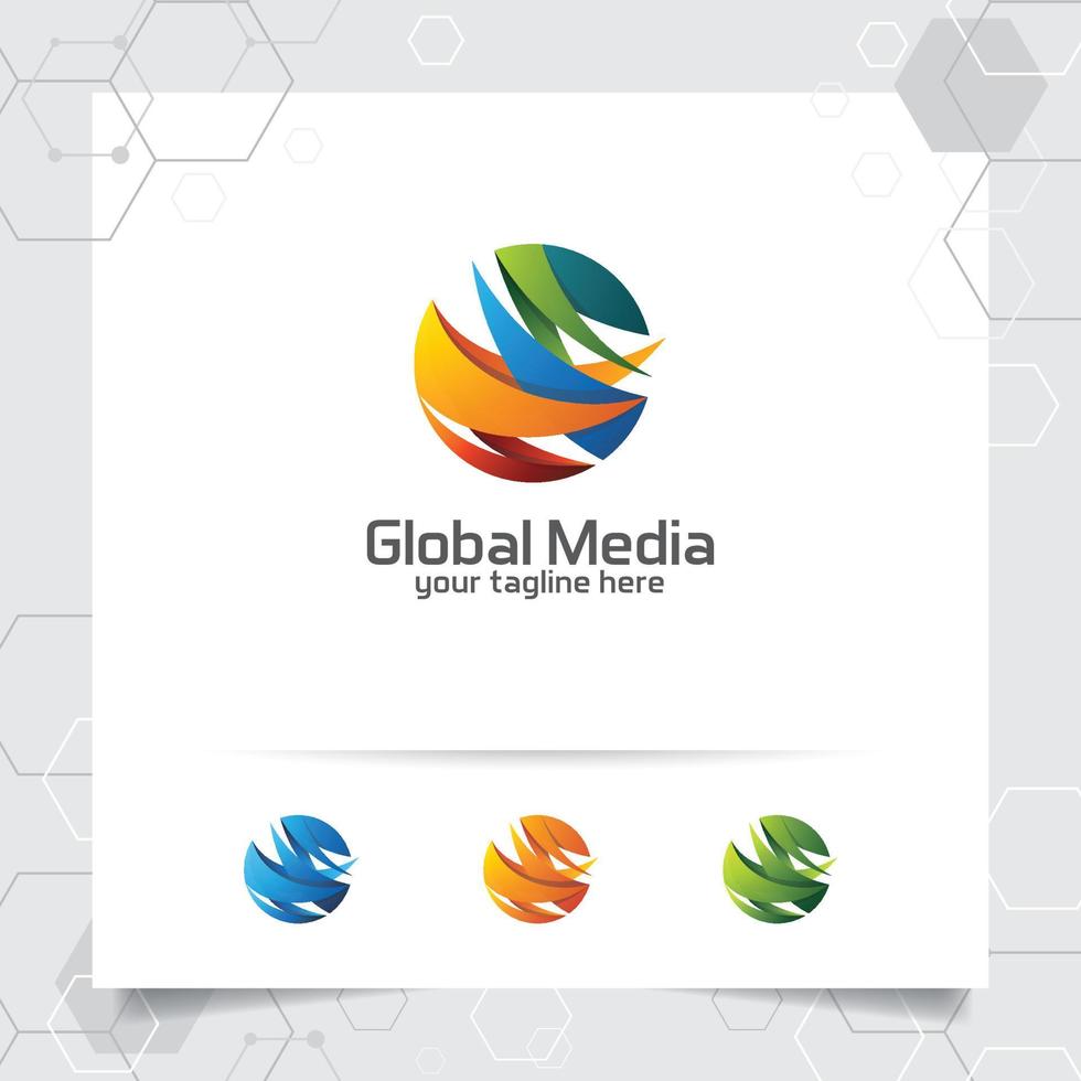 disegno vettoriale astratto logo globale con freccia sulla sfera e illustrazione simbolo digitale per consulenza, tecnologia e finanza aziendale.