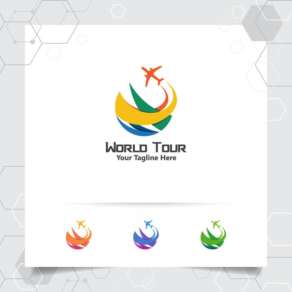 concetto di design del logo di viaggio dell'icona dell'aeroplano con il simbolo del globo. vettore di logo in viaggio per tour mondiali, avventura e vacanze.