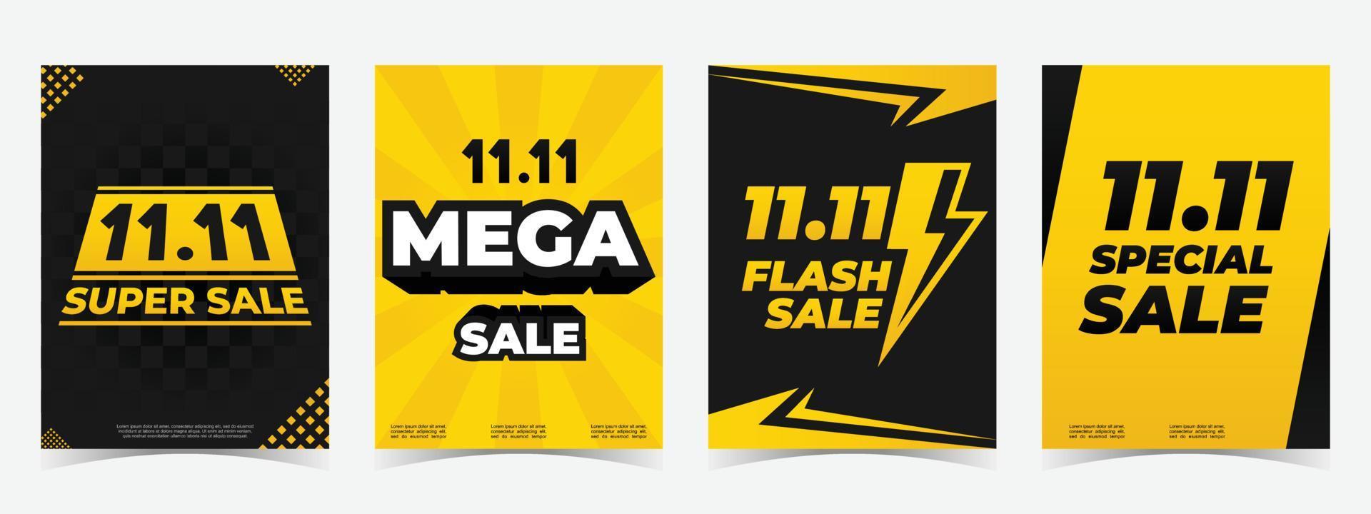 super mega flash vendita speciale nero giallo. set di 4 semplici illustrazione vettoriale di sfondo in stile piatto. adatto per poster, copertina, brochure, banner o volantino