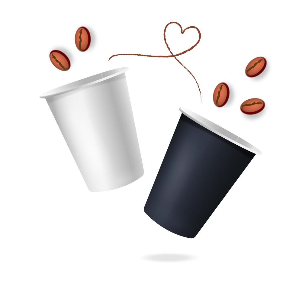 due tazze di caffè di carta con chicchi di caffè e cuore su sfondo bianco. Mockup di tazza di caffè 3d. vettore