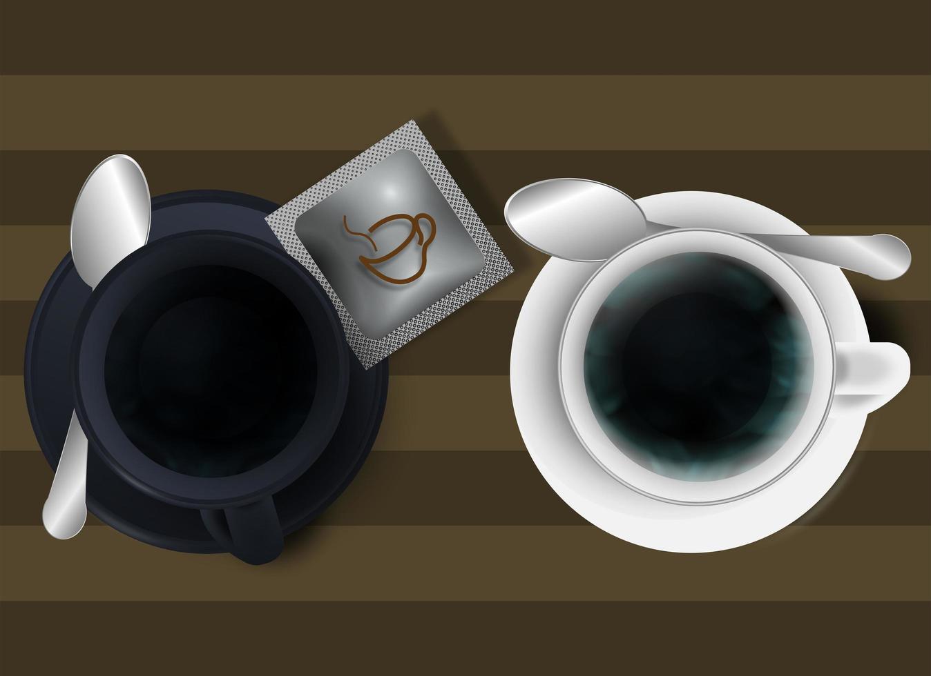 tazza bianca e nera con un sacchetto di zucchero e un cucchiaio isolato su uno sfondo marrone a strisce. illustrazione per caffetteria, pause caffè, web design. vettore