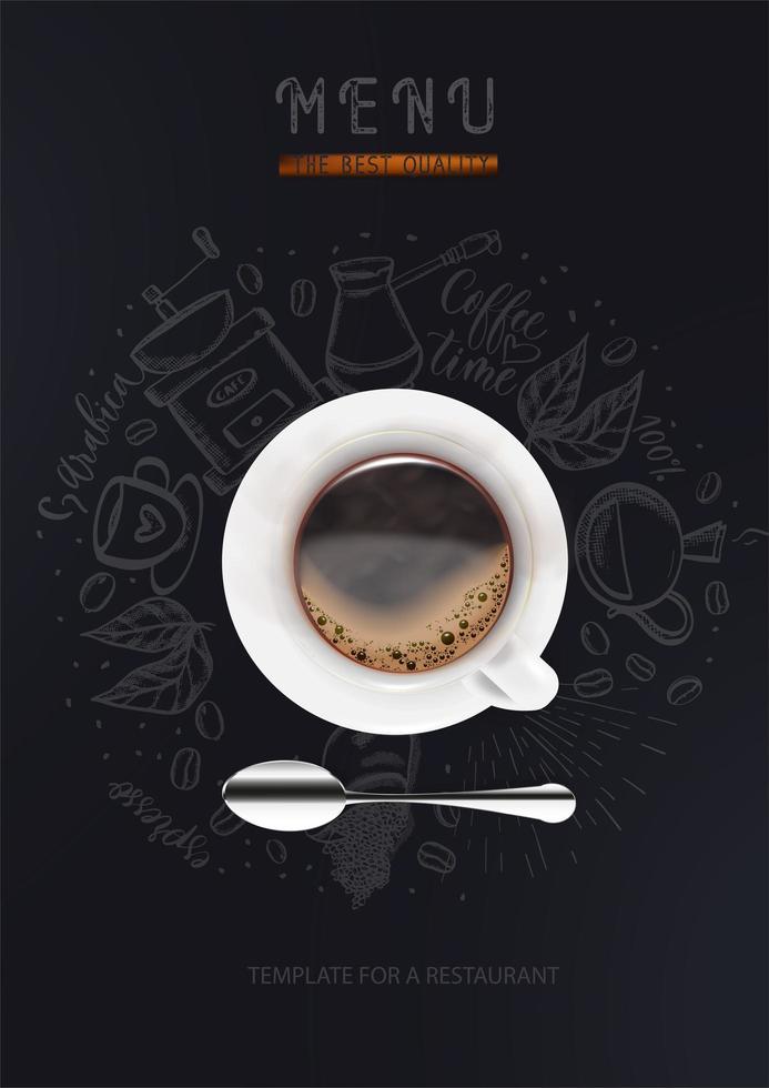 menù. una tazza di caffè bianco con un cucchiaio su sfondo nero con sagome di caffè. un poster moderno alla moda per un ristorante. illustrazione vettoriale della vista dall'alto.