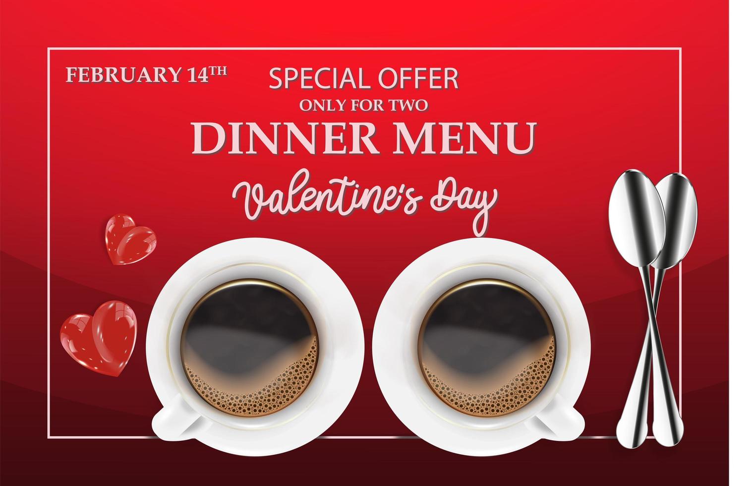 design del menu di san valentino con due tazze di caffè e cuori su sfondo rosso. romanticismo, 14 febbraio, cena, concetto di cibo. illustrazione vettoriale per banner, poster, menu, volantini, pubblicità.