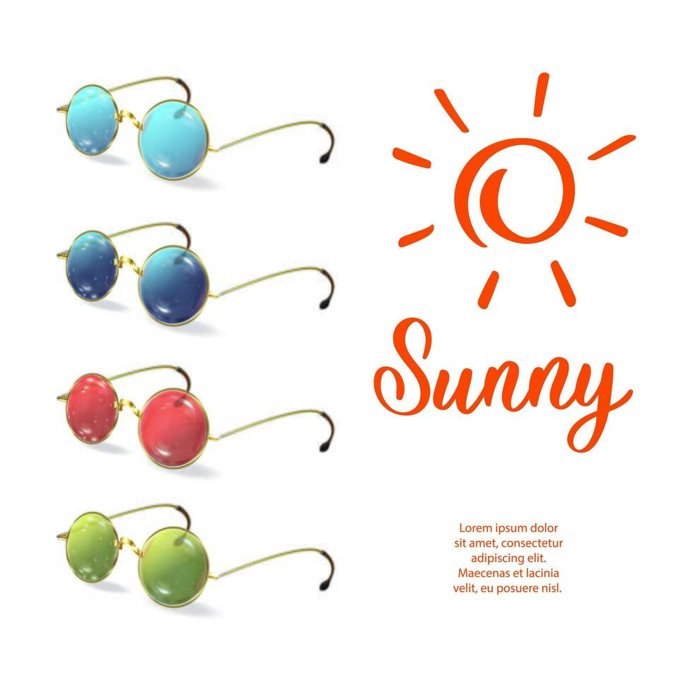 un set di occhiali rotondi per il sole. stile retrò. logo del sole con testo. illustrazione vettoriale per vetrina, design, pubblicità, sfondo commerciale.