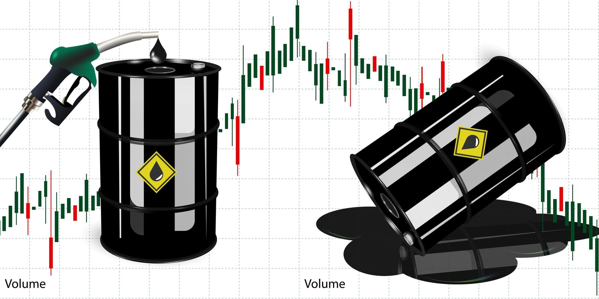 illustrazione vettoriale di un barile di petrolio ferroso con un grafico finanziario che mostra un aumento o una diminuzione del consumo di benzina o del costo del petrolio