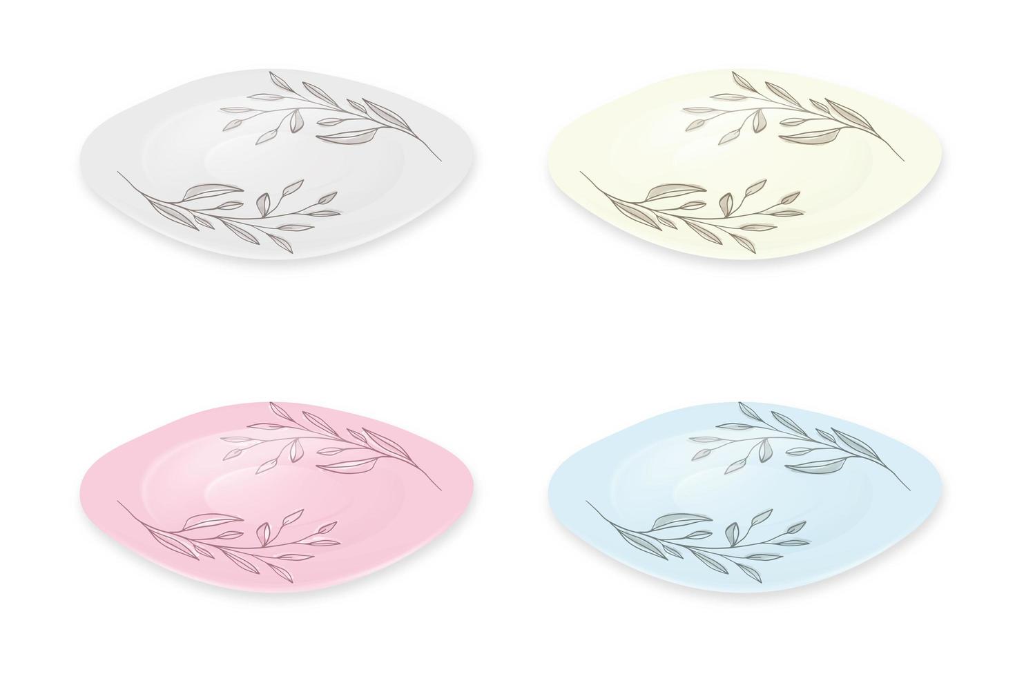 set di piatti colorati isolati su bianco decorato con un ramo. i piatti sono rettangolari, quadrati. illustrazione vettoriale eps10.