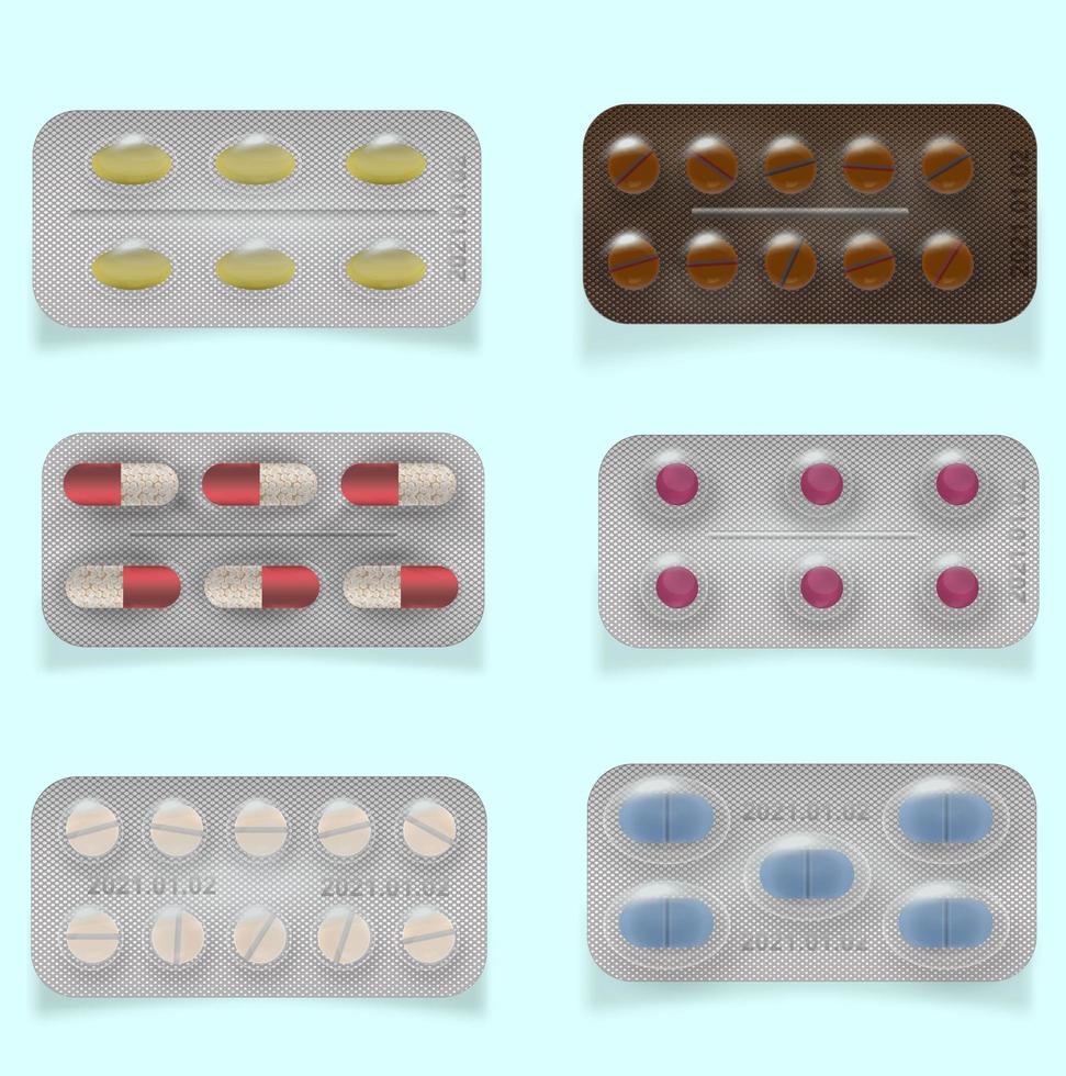 Imballaggio 3d per medicinali olio di pesce, antidolorifici, antibiotici, vitamine e pillole. compresse e capsule. illustrazione vettoriale isolato su sfondo con ombra