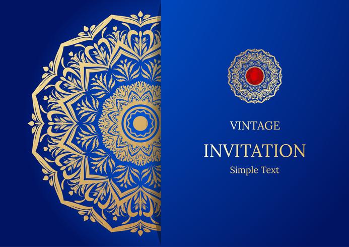 Design elegante della carta Save the Date. Modello di carta di invito floreale vintage. Mandala di lusso turbinio saluto oro e carta blu vettore