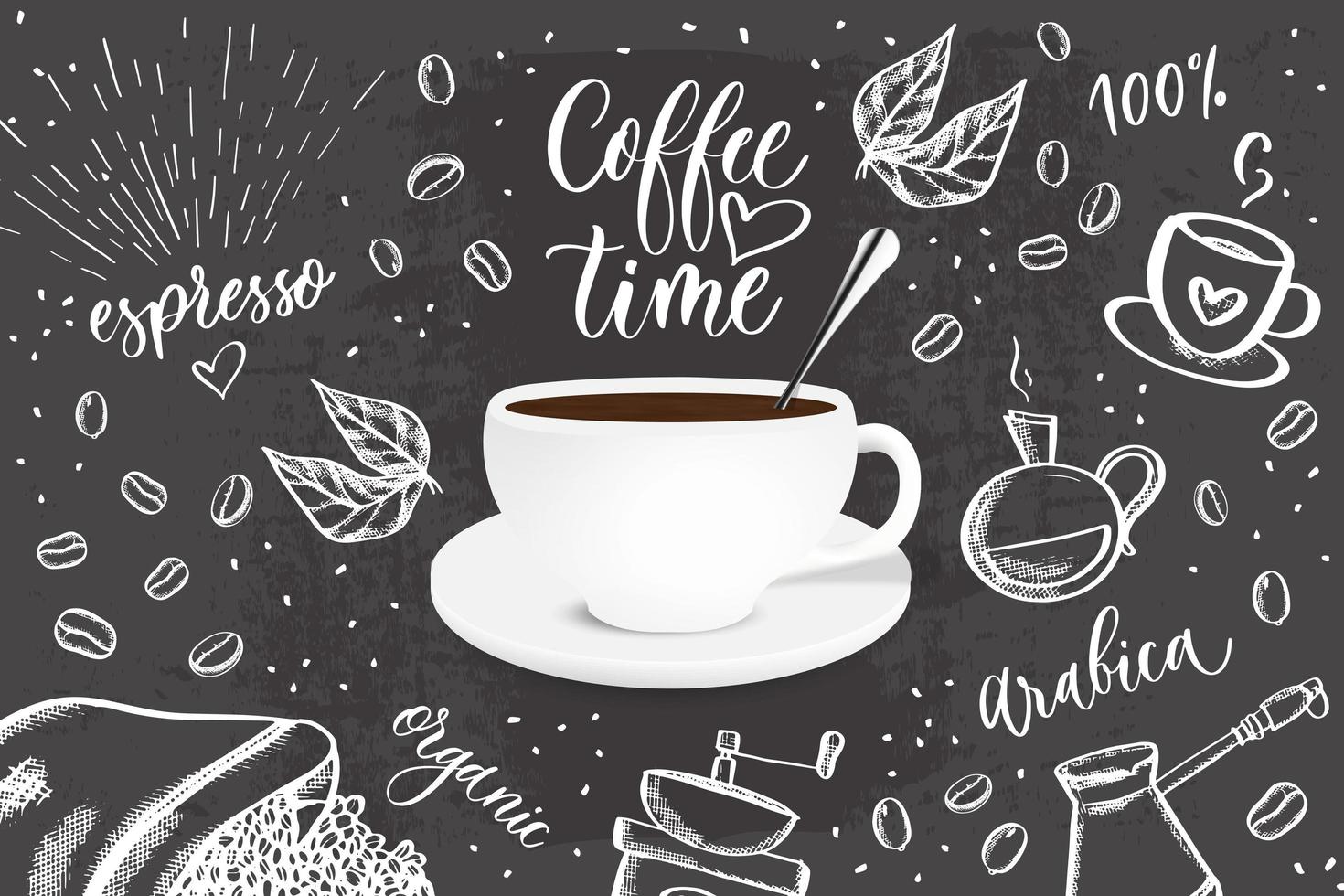 sfondo nero vettoriale con illustrazione di schizzo di doodle di chicchi di caffè, dettagli delle bevande per il menu del caffè.