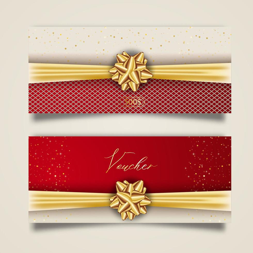 set di elegante buono regalo con nastro dorato e fiocco. modello elegante vettoriale per carta regalo, coupon e certificato isolato dallo sfondo.