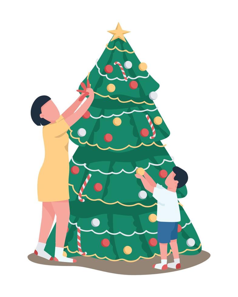 mamma e figlio che decorano i caratteri vettoriali a colori semi piatti dell'albero di Natale