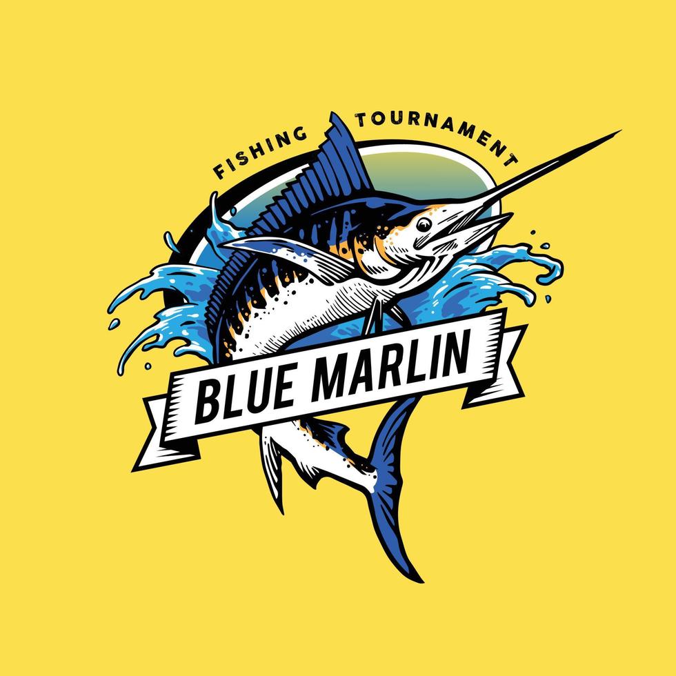 disegno del modello di logo di pesca blu marlin vettore