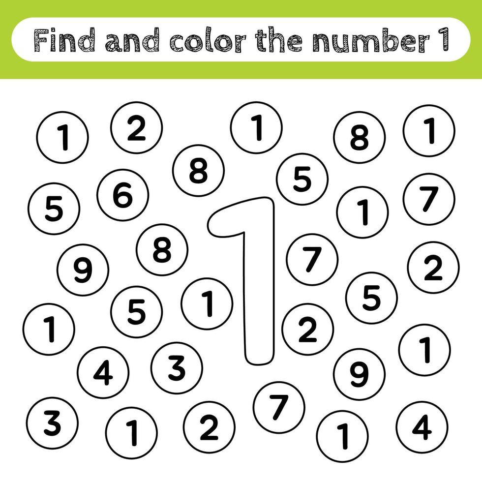 fogli di lavoro per bambini, trova e colora i numeri. gioco educativo per riconoscere la forma del numero 1. vettore