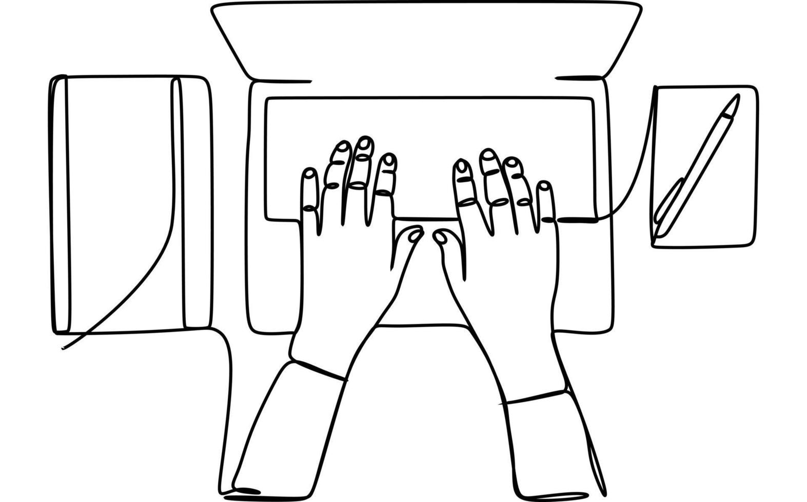 disegno a tratteggio continuo delle mani su un laptop moderno. persone che digitano utilizzando il computer portatile. vettore