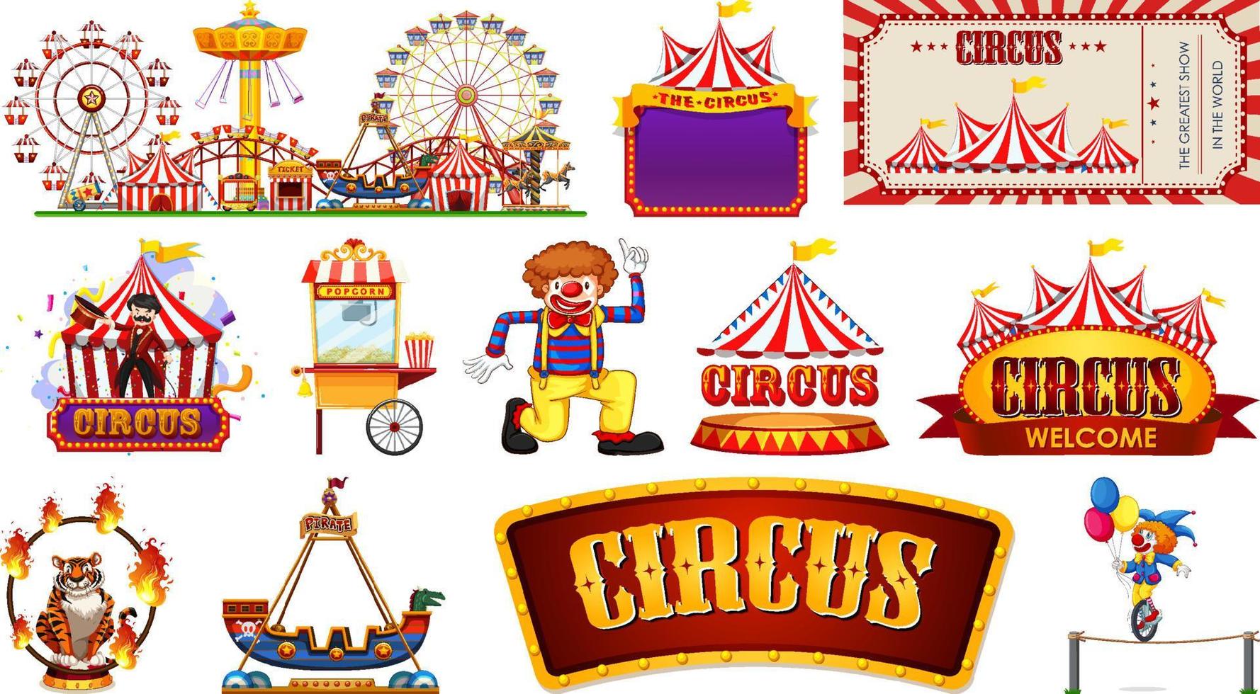 set di personaggi del circo ed elementi del parco di divertimenti vettore